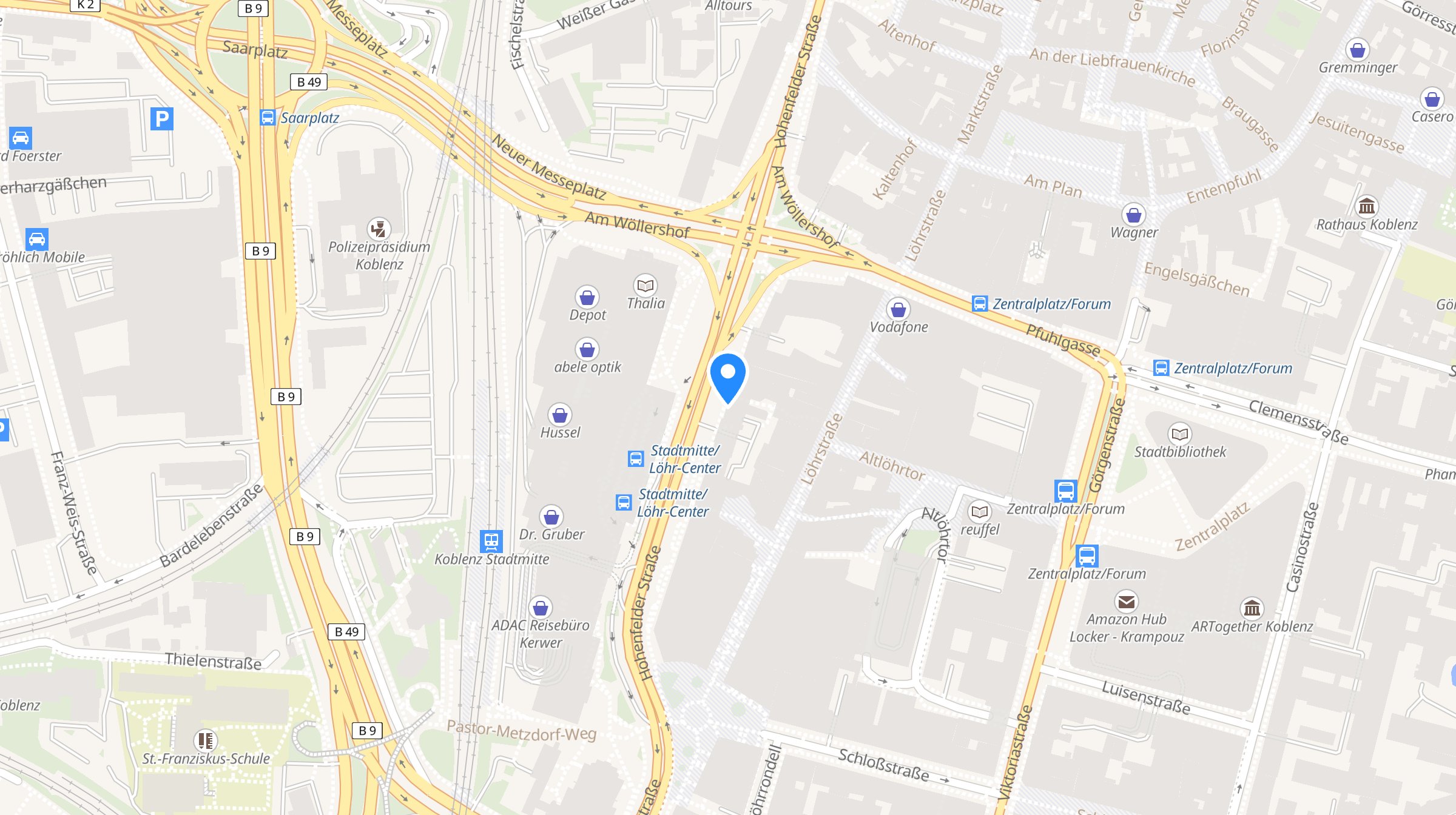 Kartenausschnitt: Die Praxis liegt in der Hohenfelder Straße 17 in Koblenz, gegenüber dem Busbahnhof am Löhr-Center. Größere Karte bei OpenStreetMap öffnen.